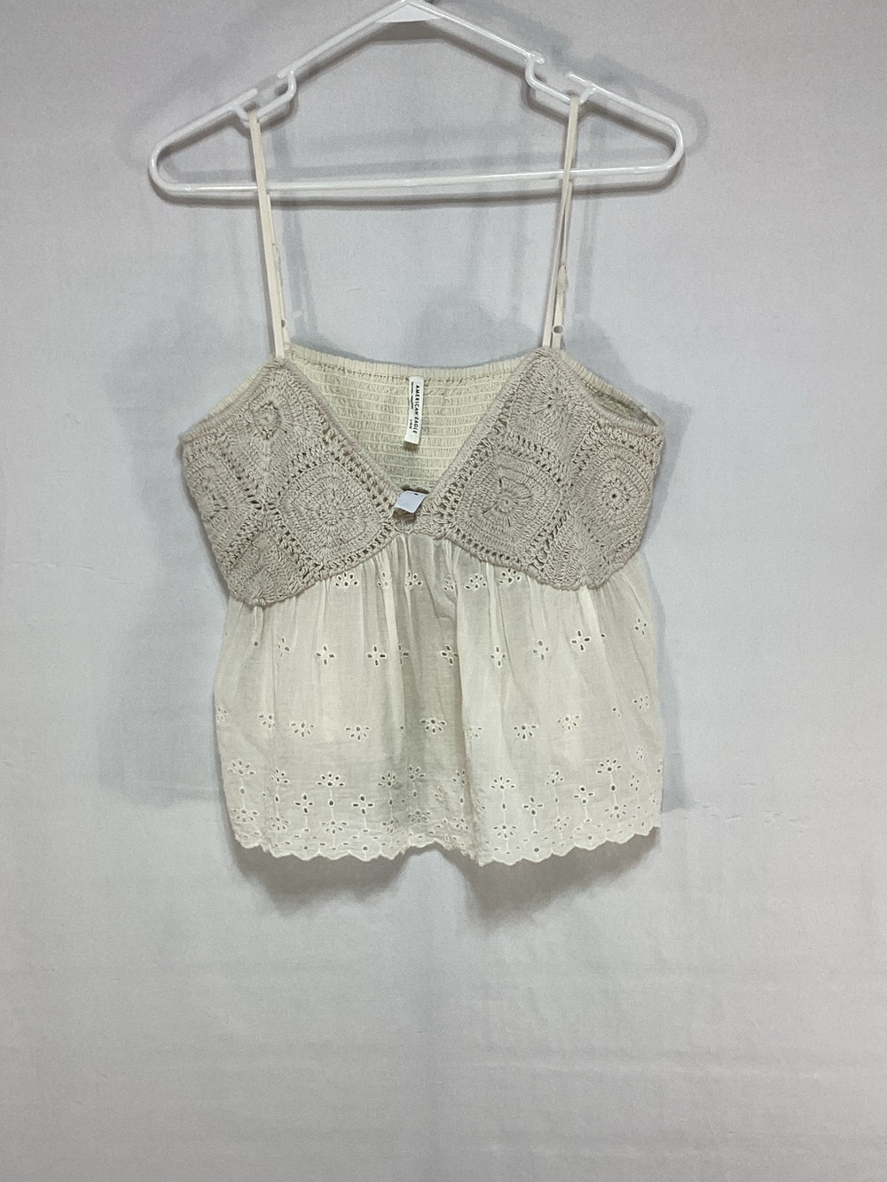 American Eagle Outfitters Cream Crochet-Trim Eyelet Cami